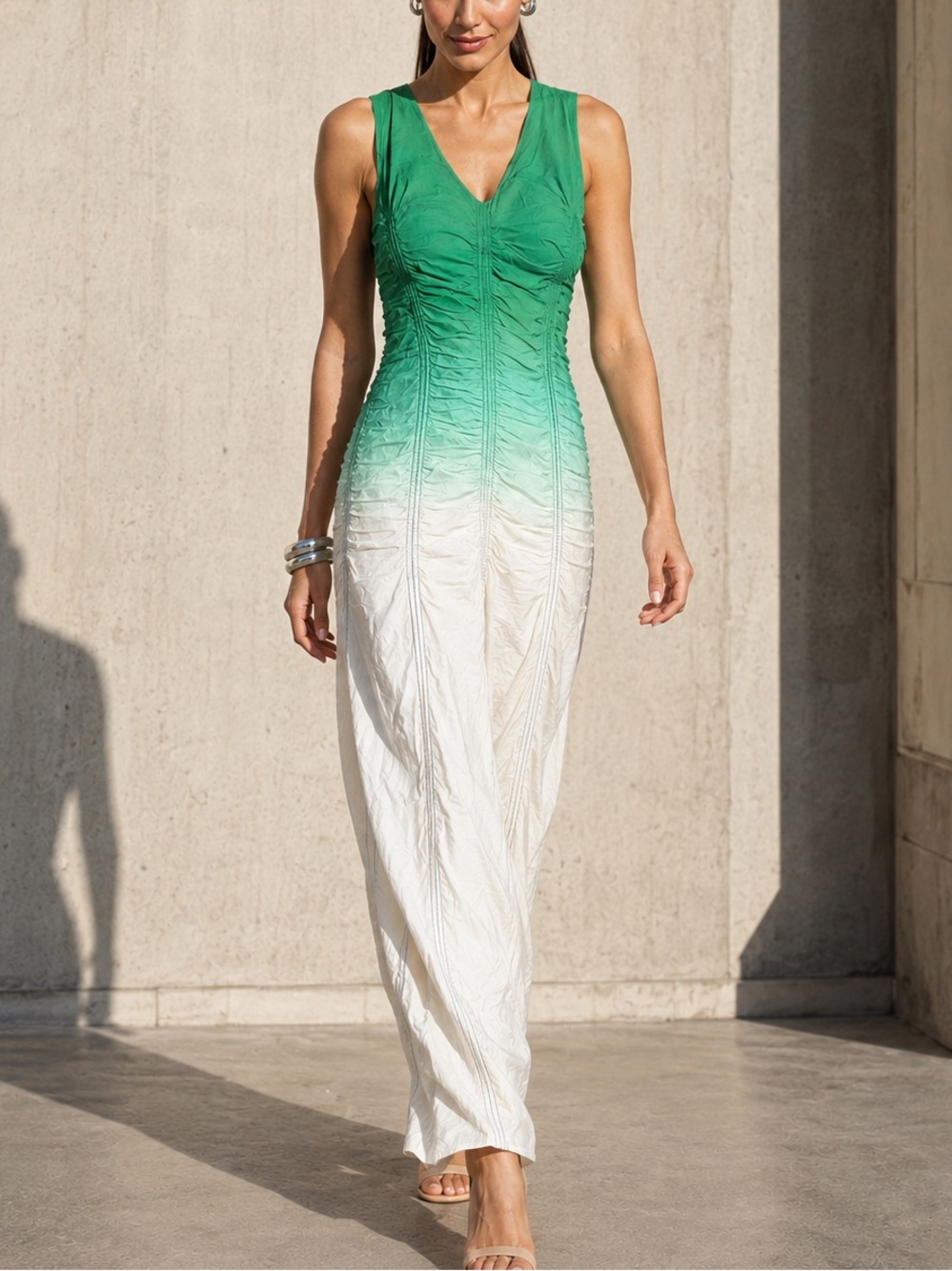 MARINA MOSCONE Ombré Ruched Maxi Dress Green Ivory Size 2 MSRP $1450
